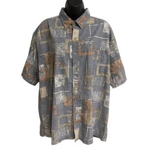 Cooke Street Men Aloha Hawaiian Shirt XL Tan Blue Short Sleeve Vintage EUC